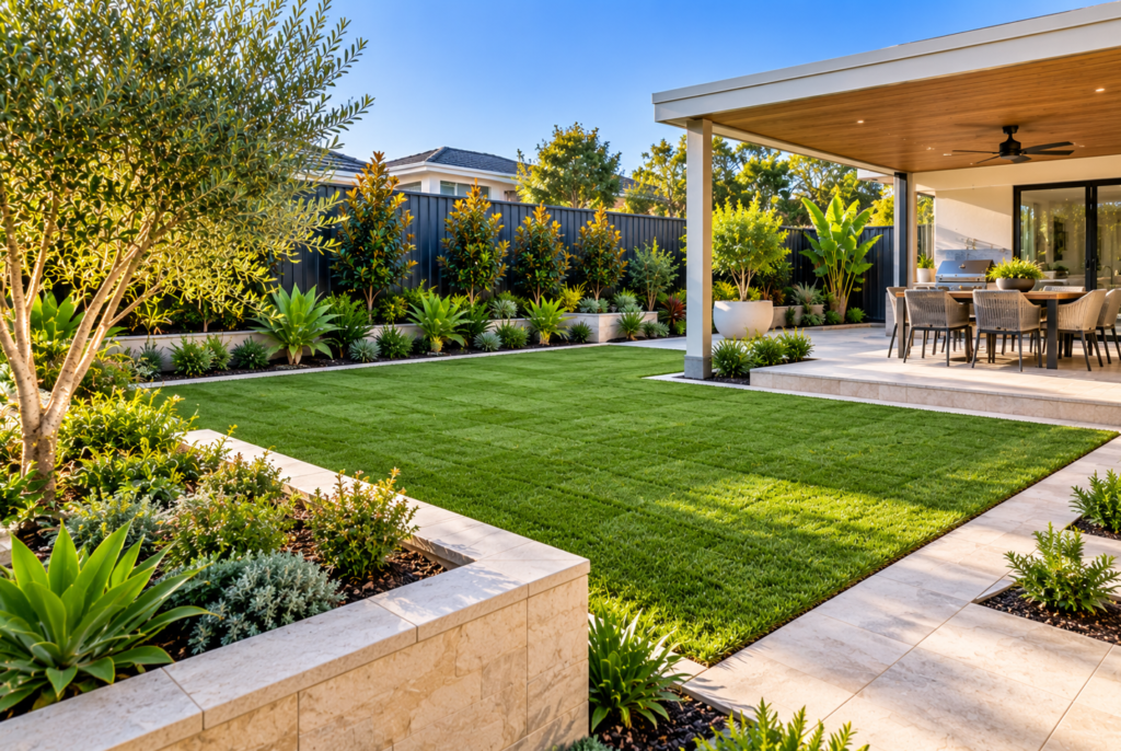 Landscaped Butler backyard with lawn, paving, planted garden beds and covered alfresco