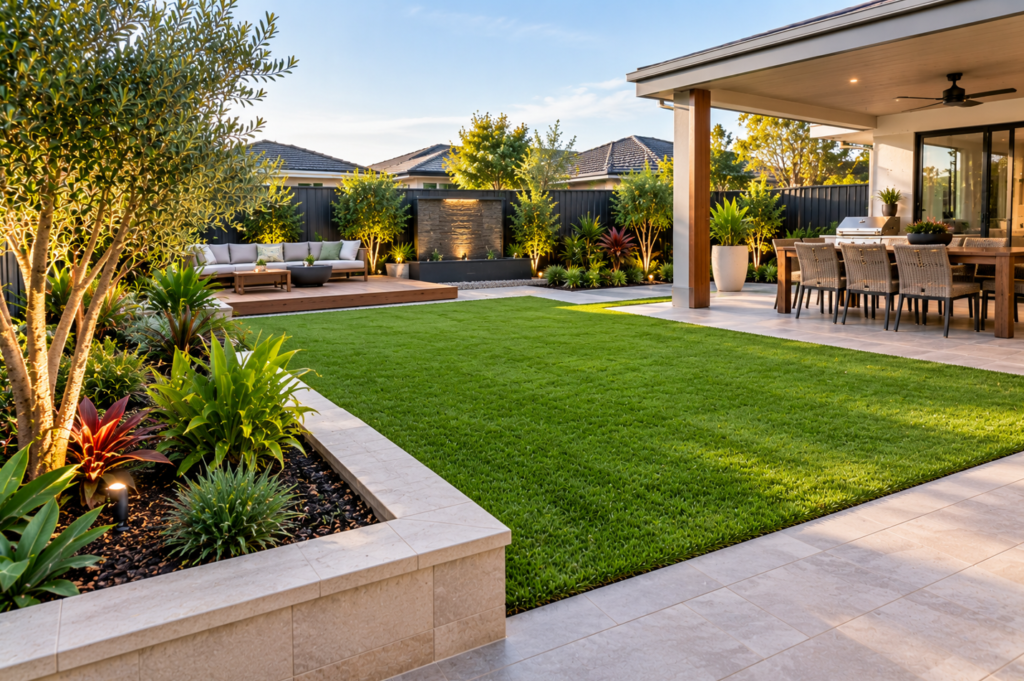 Landscaped Como outdoor living area with lawn, garden beds and paved entertaining area