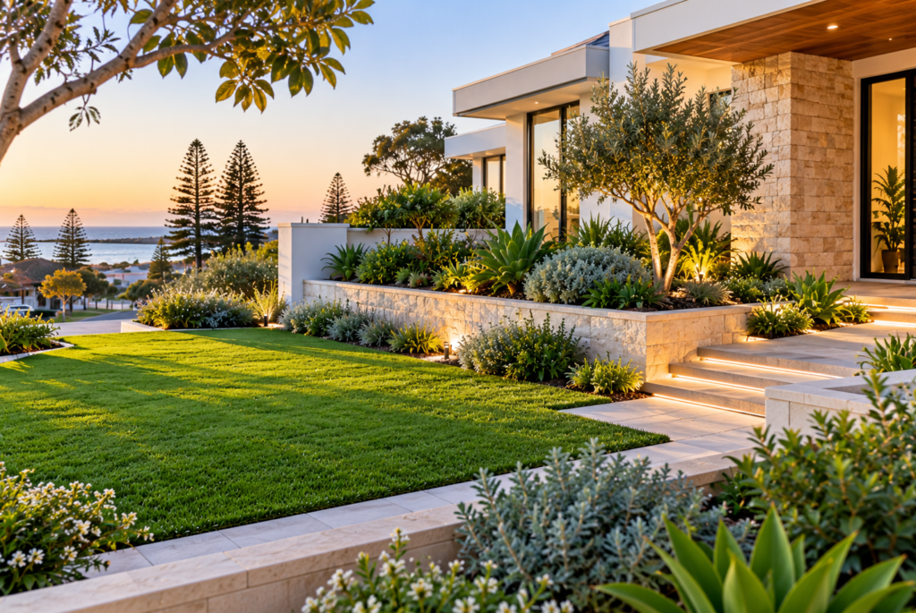 Coastal Cottesloe home with landscaped entrance, natural lawn and limestone garden beds