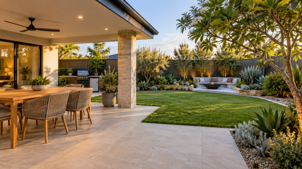Bicton backyard landscaping with outdoor living, paving and planting