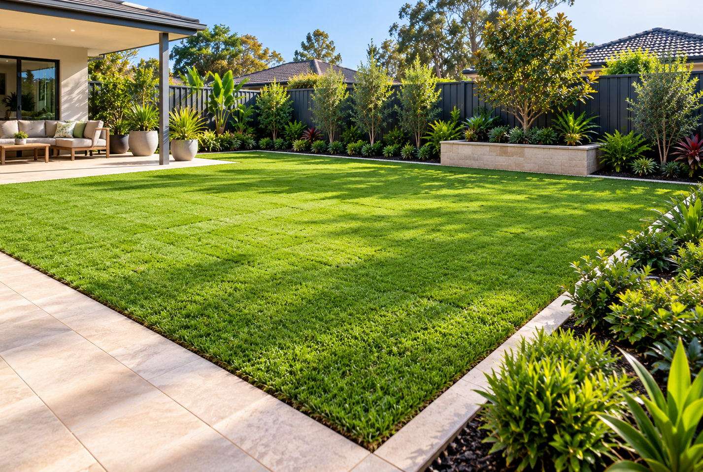 Natural turf lawn installation and landscaping in a Perth backyard