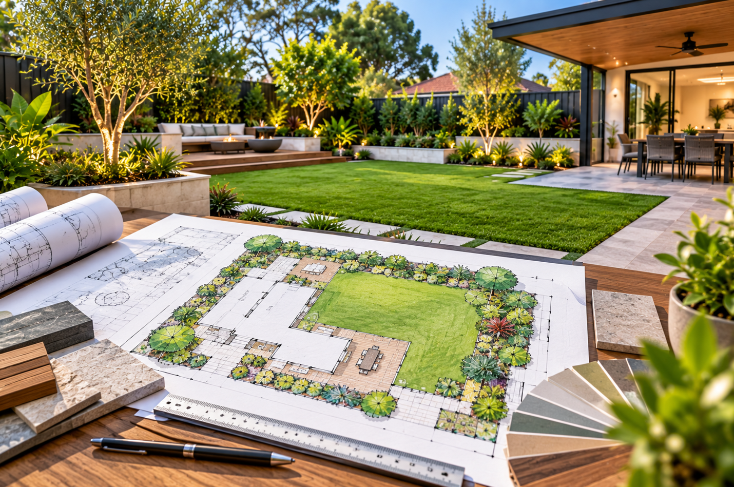 Landscape design plan with garden beds, lawn and material selections