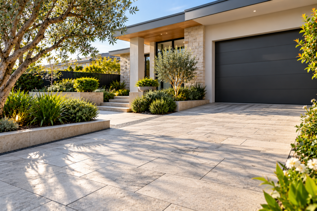 Light stone driveway paving and landscaped entrance at a Mosman Park home