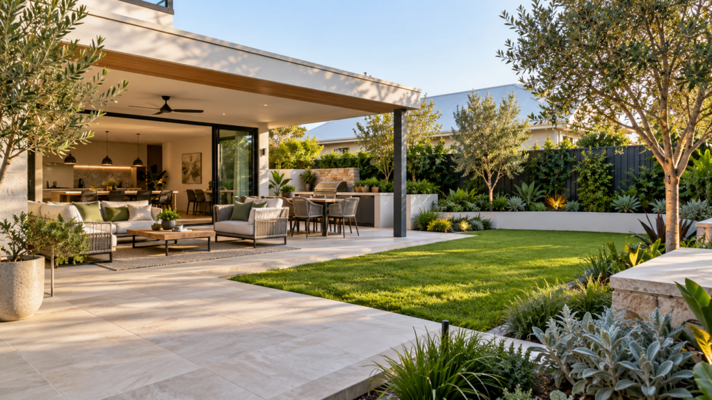 Backyard landscaping and outdoor living with paving, turf and garden planting in Butler