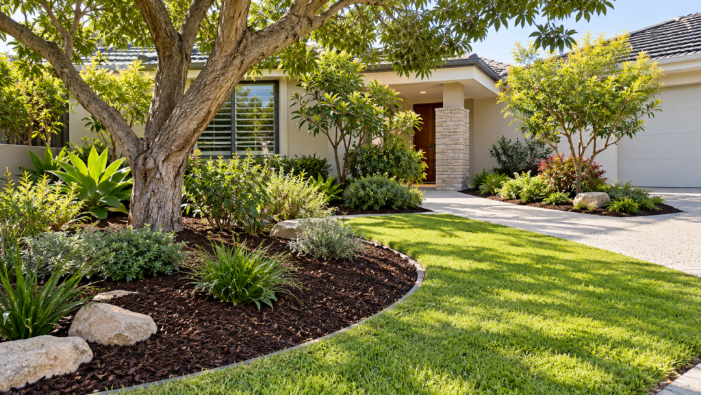 Fresh dark organic mulch in curved garden beds around mature trees and lawn at a Como home