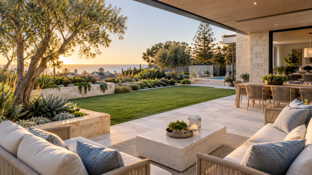 Cottesloe outdoor living area with coastal planting, lawn and paved alfresco