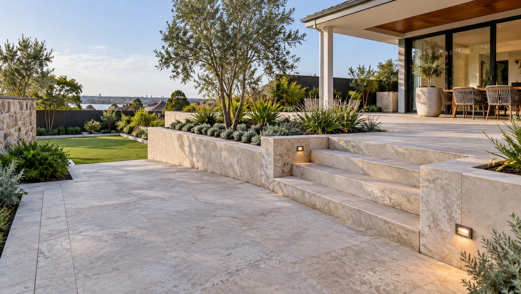 Light-coloured paving and hardscaping with stone steps and garden landscaping
