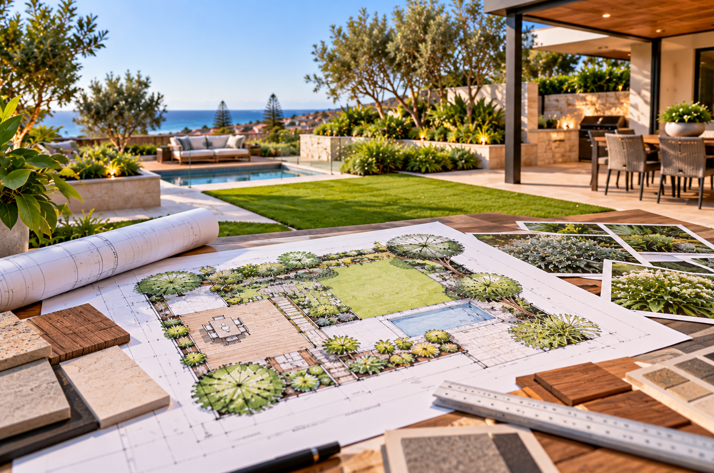 Landscape design and planning for a coastal garden with planting and paving