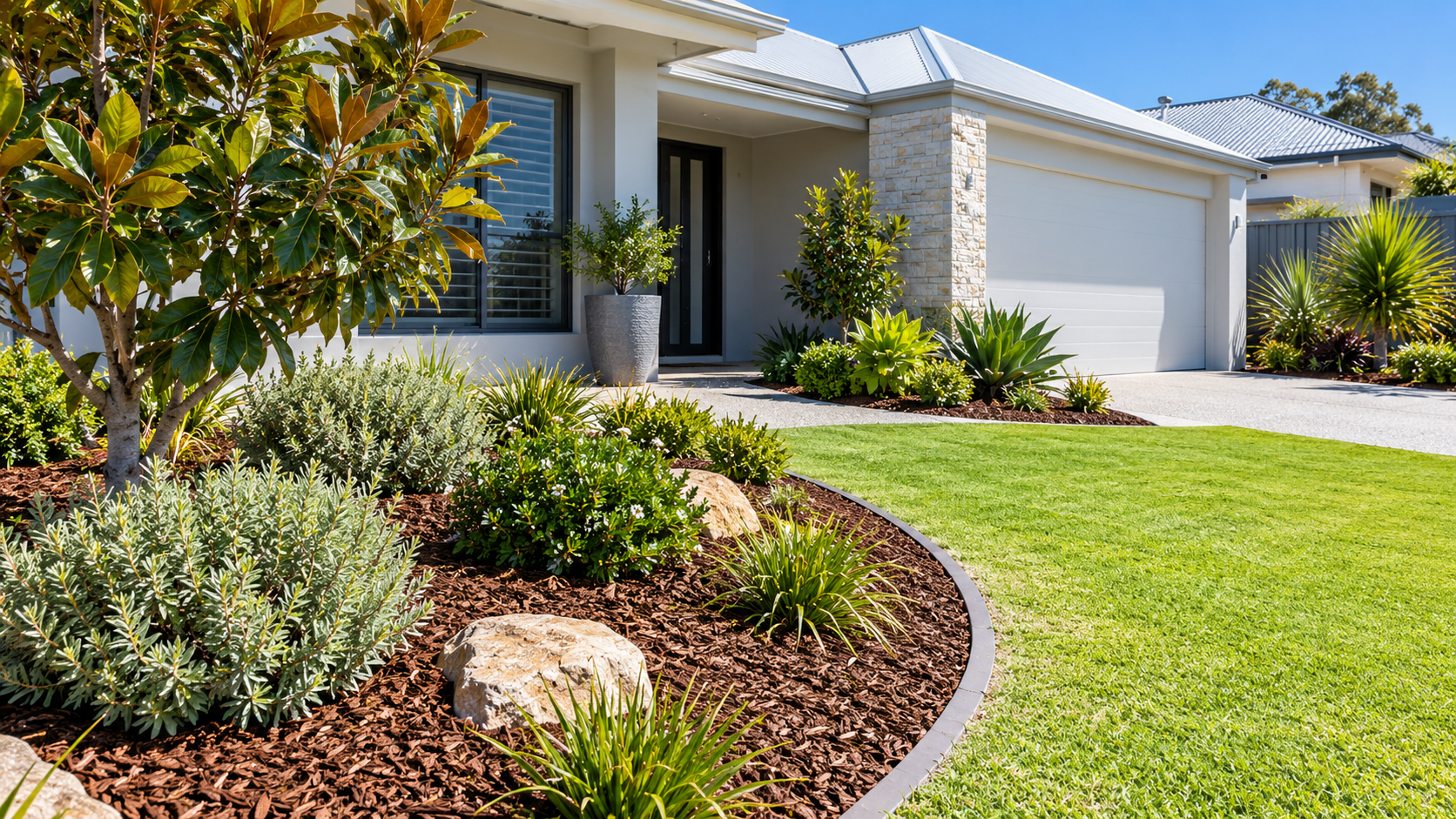 Modern landscaped Perth home with lawn, paving and garden planting