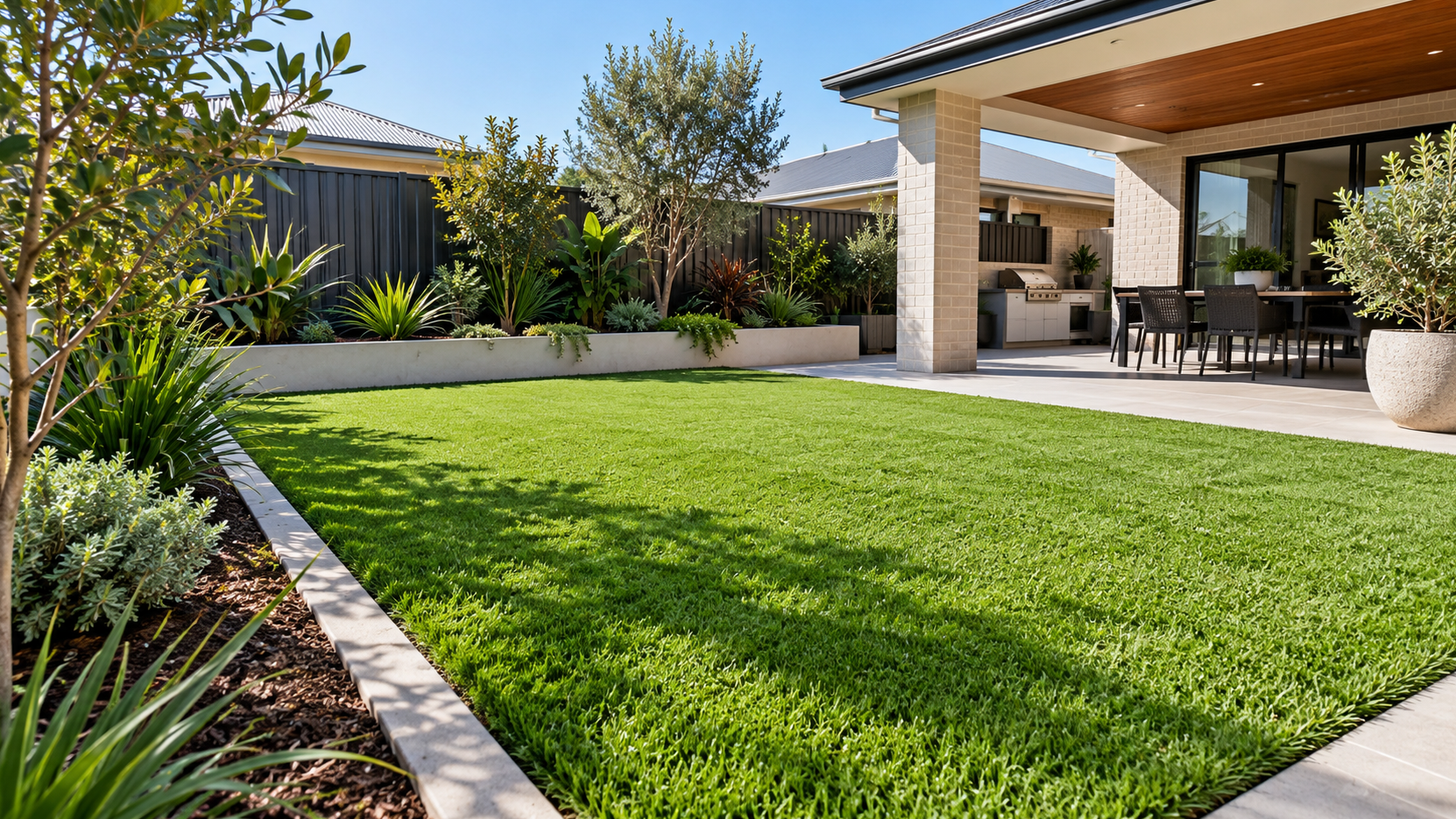 Natural green turf lawn installation beside a paved alfresco and planted garden beds
