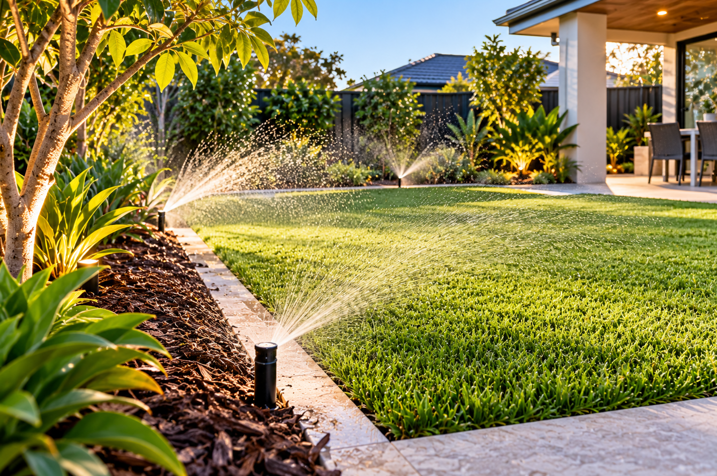 Pop-up lawn sprinkler irrigating a landscaped garden and lawn in Perth