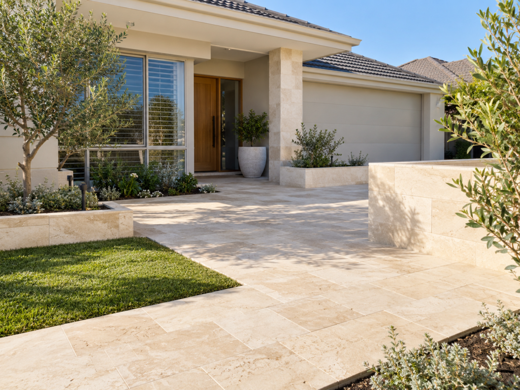 Travertine paving at a landscaped Caversham home entrance