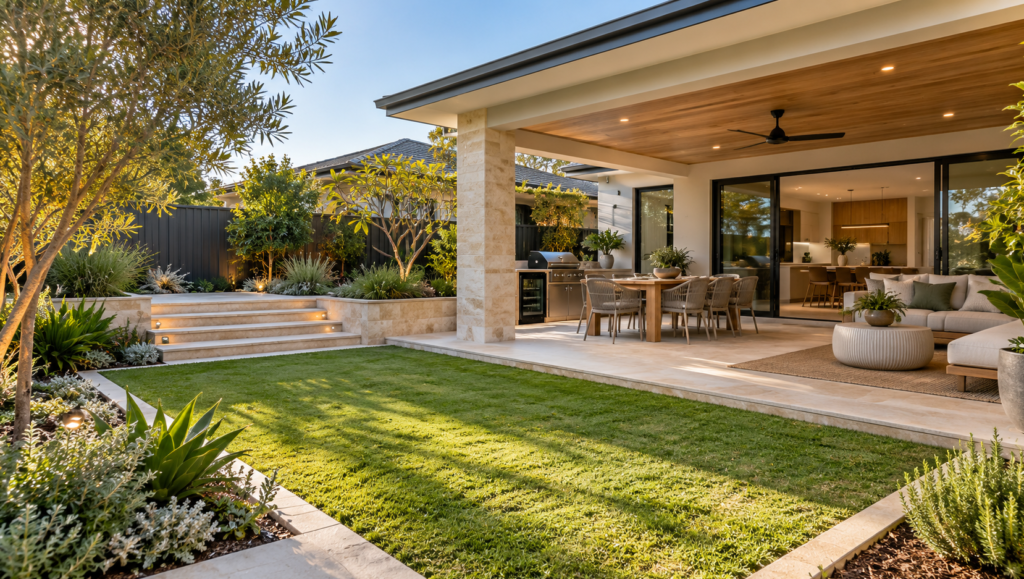 Landscaped Attadale backyard outdoor living area with paving and garden planting