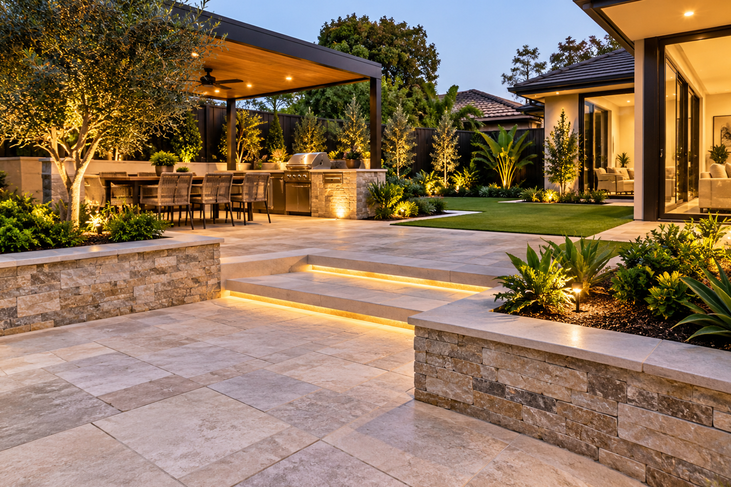 Turf and lawn installation in a landscaped Perth backyard