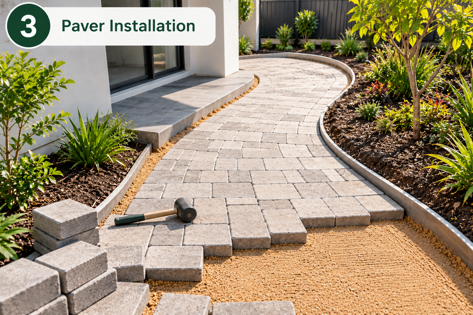 Concrete pavers being installed along a curved Malaga pathway