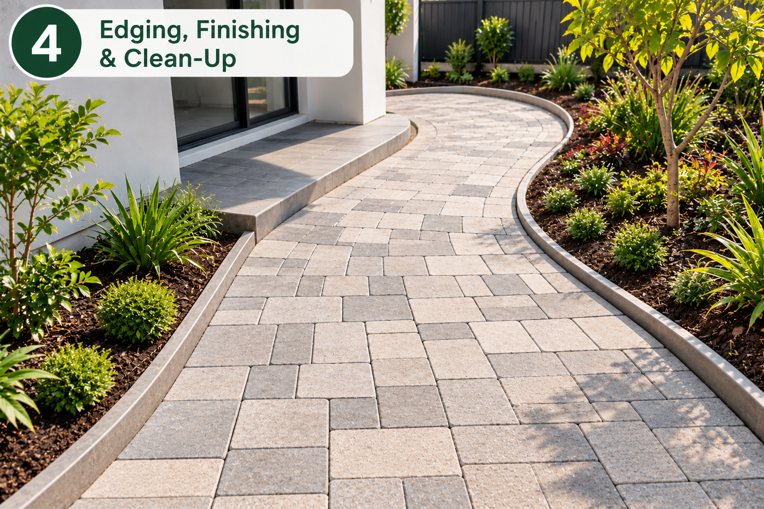 Finished curved paved path with clean edging and landscaping in Malaga