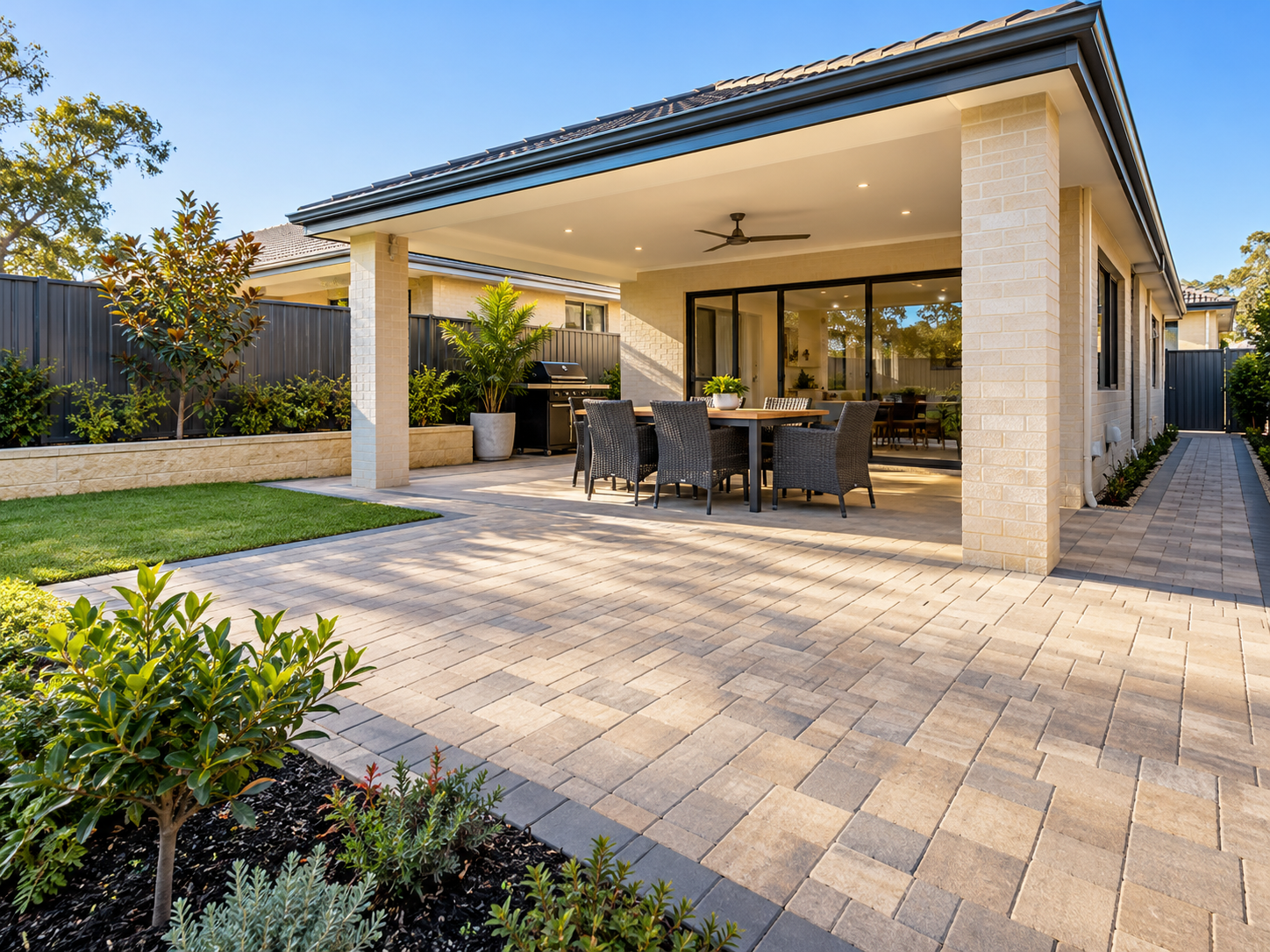 Paved patio and outdoor entertaining area at a Joondalup home