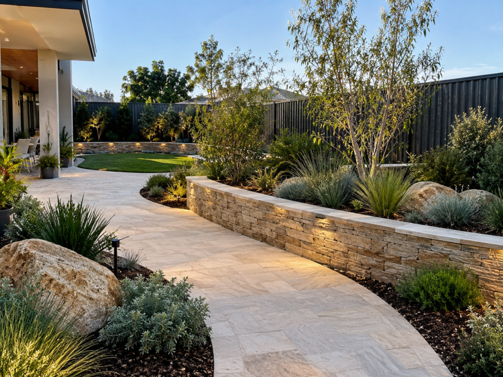 Australian hardscaping and curved paving in a Melville garden