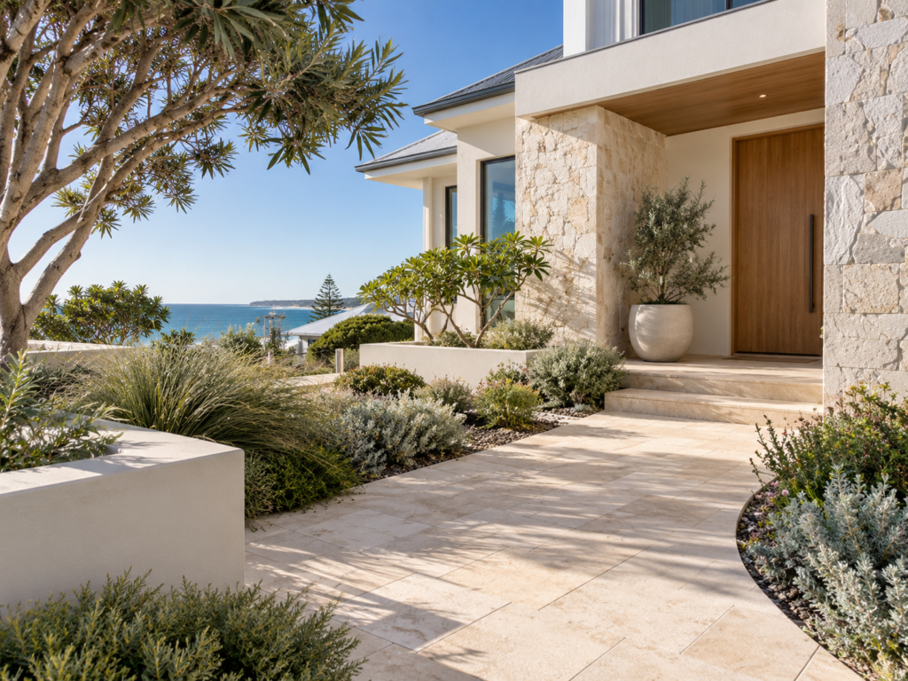 Coastal paving and landscaped entrance at a Cottesloe home