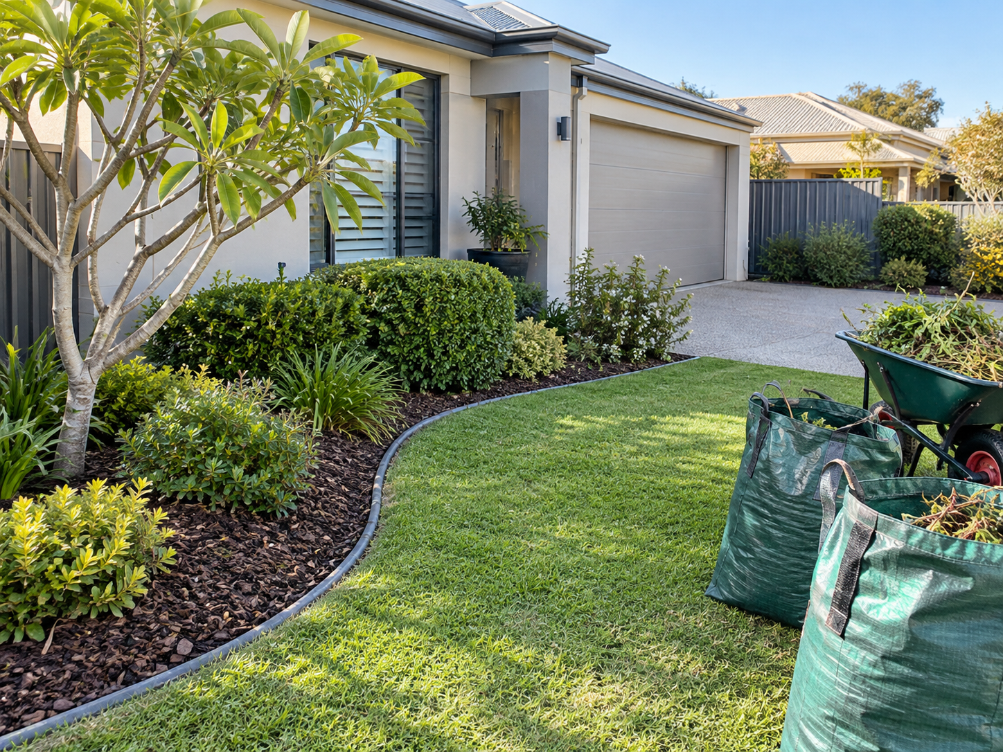 Hedge trimming and pruning in a landscaped residential garden