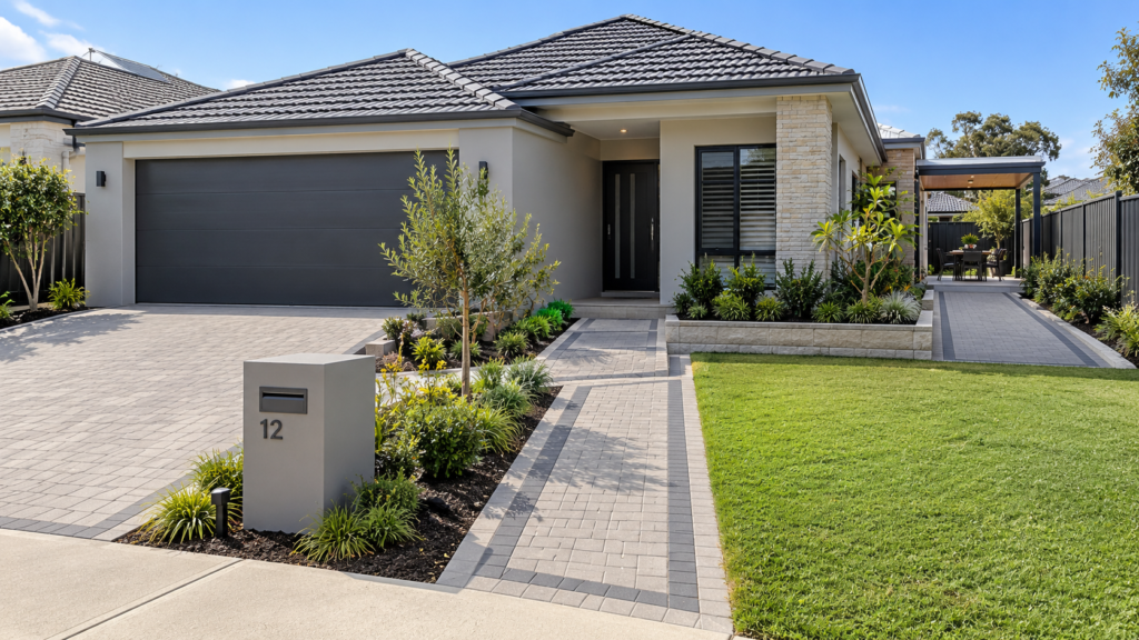 Modern front yard landscaping with lawn, paving and planting for a Butler home