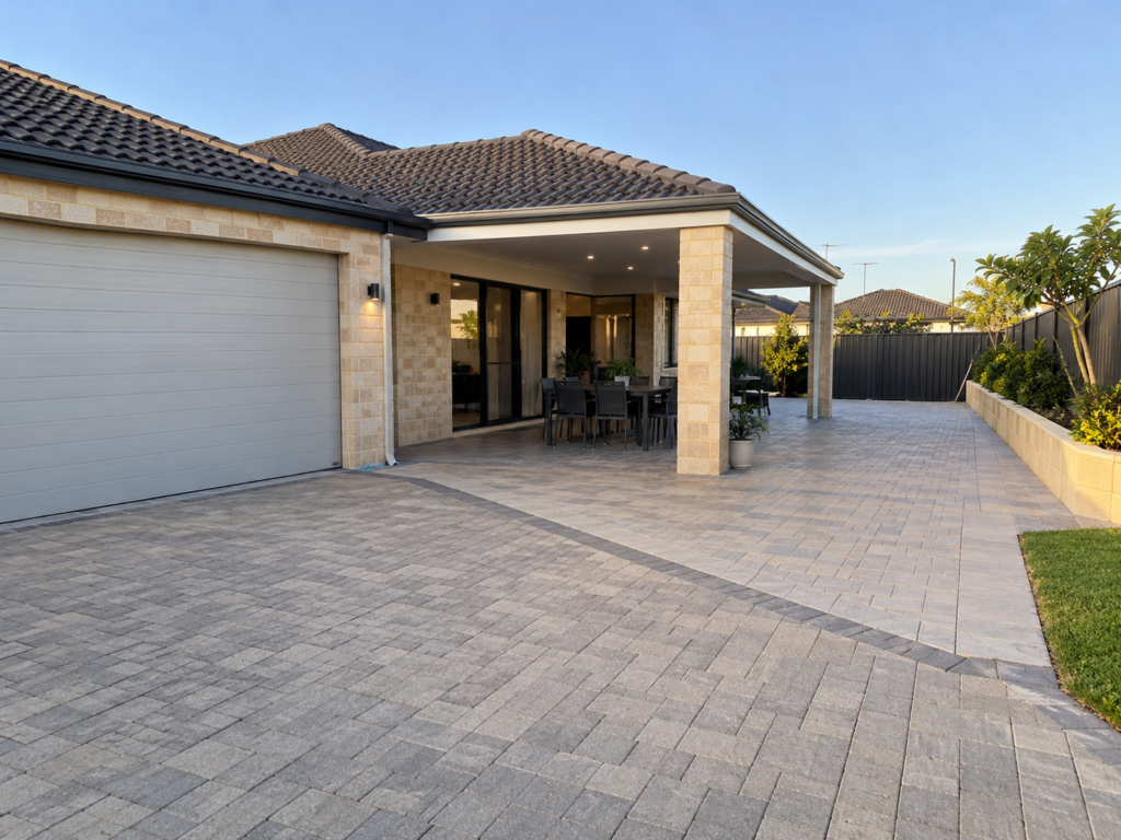 Melville backyard landscaping with paving, lawn, screening and outdoor entertaining