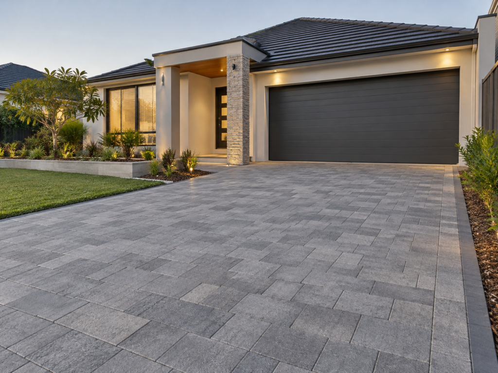 Modern Osborne Park home with grey paved driveway and landscaped front yard
