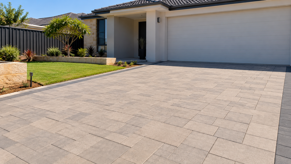 Concrete paved driveway and entry at a Caversham home