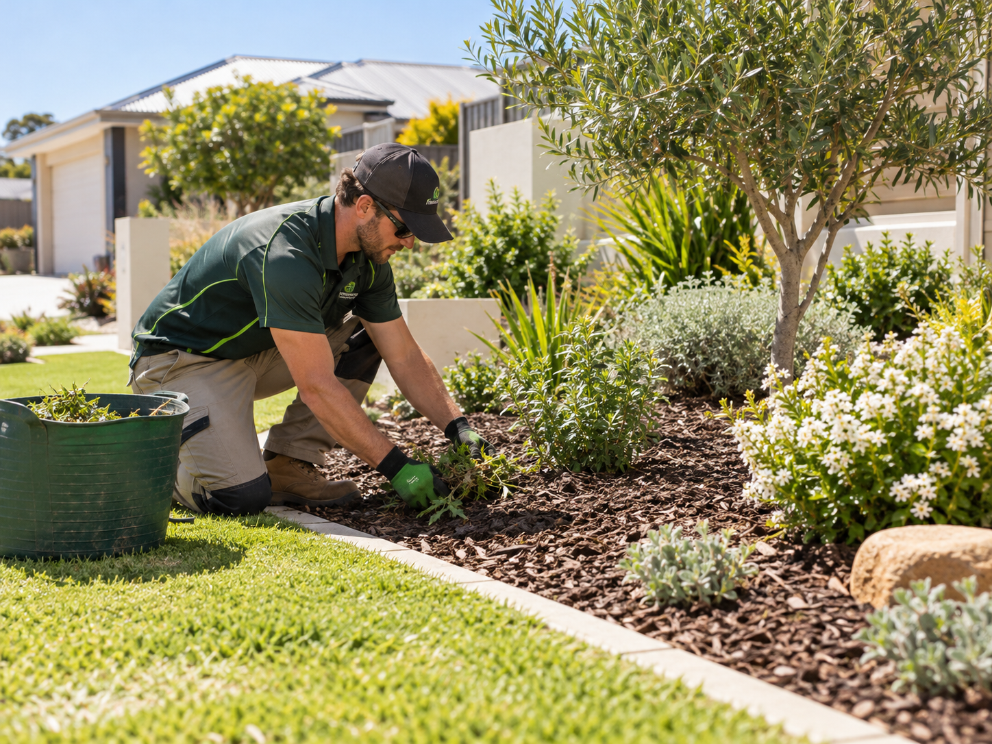 Weeding and mulching garden beds for a residential property in Como