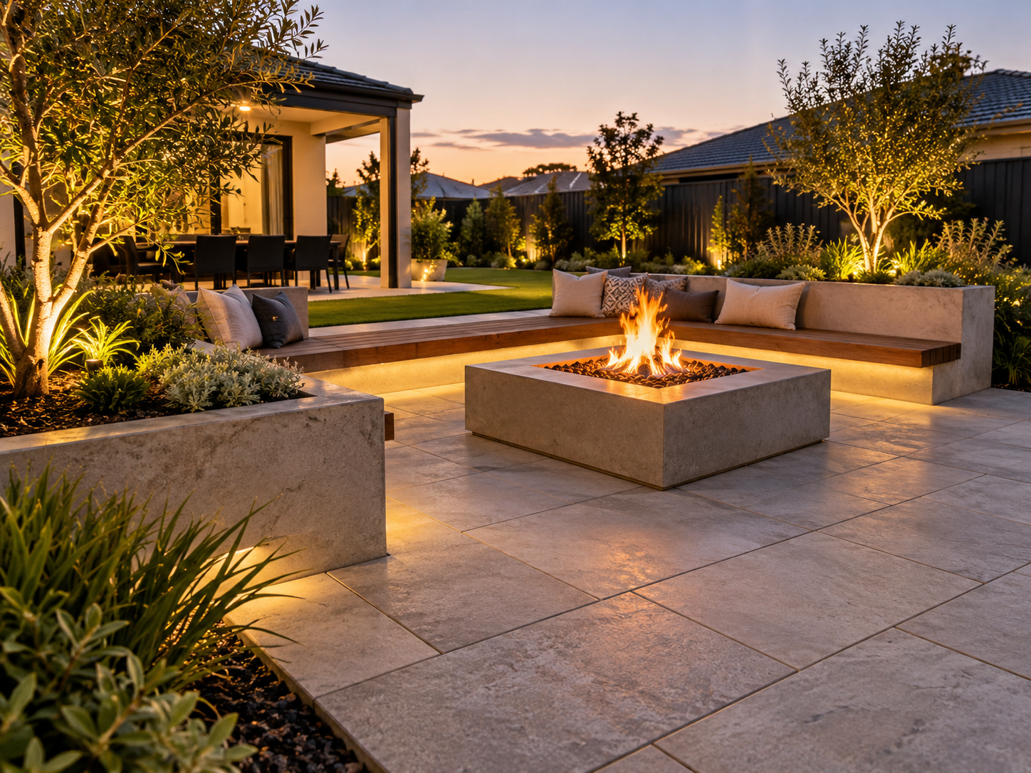 Landscaped outdoor entertaining area with paving and garden lighting in Perth